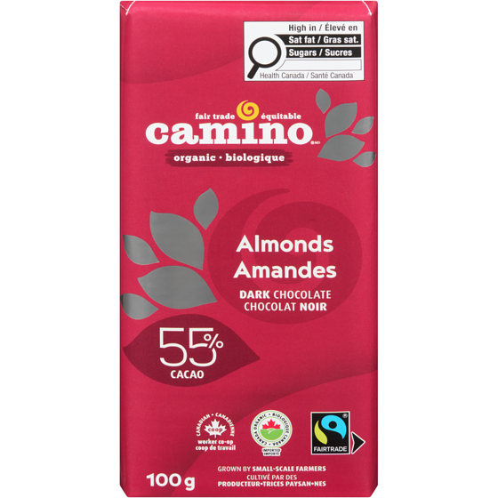 Camino Organic Dark Chocolate Bar, Almonds 55% 100 g, $7.49/100g