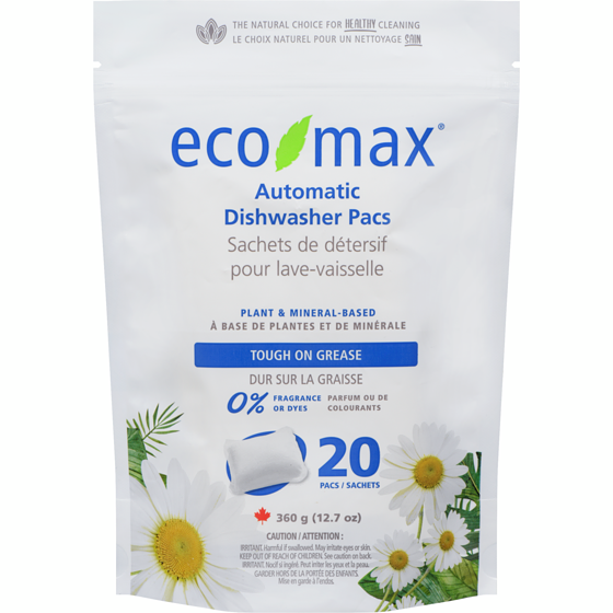 Eco-Max Sachets de détersif hypoallergénique pour lave-vaisselle 20 ea, 0,40 $/1ch