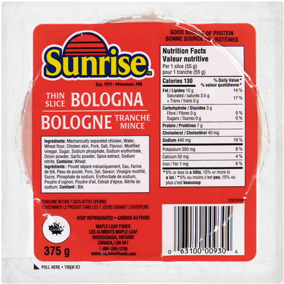 Sunrise Thin Sliced Bologna 375 g, $1.20/100g