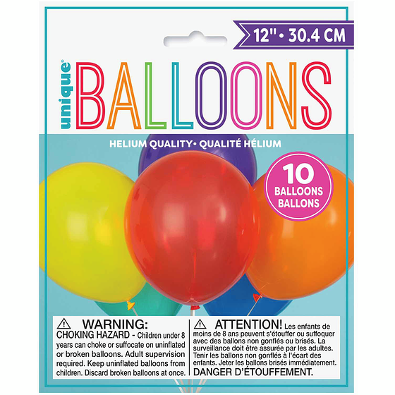 Unique 12" Latex Balloons, 10ct - Assorted 10x1.0 ea, $0.20/1ea
