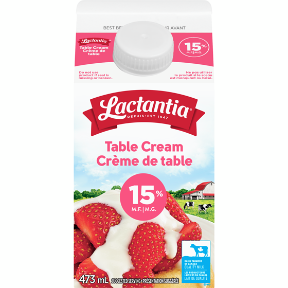 Lactantia crème de table 15% 473 ml, 0,80 $/100ml