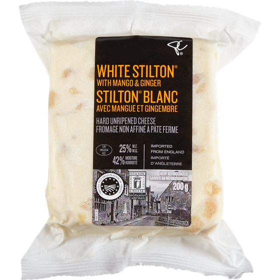 PC Collection noire Fromage non affiné à pâte dure Stilton blanc avec mangue et gingembre 200 g, 4,00 $/100g
