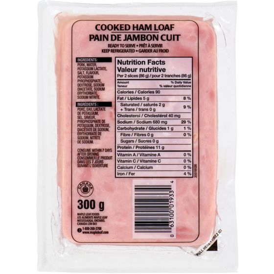 Maple Leaf Cooked Ham Loaf 300 g, $3.00/100g