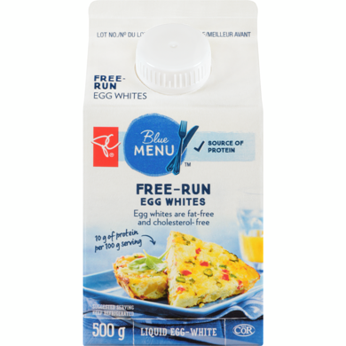 PC Blue Menu Free Run Egg Whites 500 g, $1.34/100g