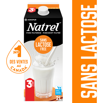 Natrel Lait homogénéisé 3,25 % sans lactose 2 l, 0,38 $/100ml