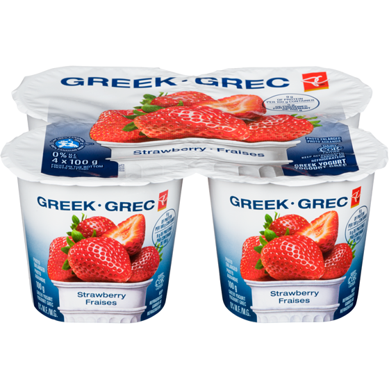 President's Choice Strawberry 0% M.F. Greek Yogurt  4x100.0 g, $1.00/100g