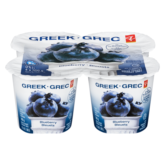 President's Choice Blueberry Fruit On The Bottom 0% M.F. Greek Yogurt 4x100.0 g, $1.00/100g