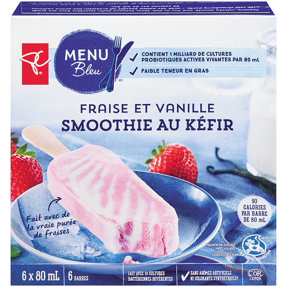 PC Menu Bleu Barres smoothie au kéfir, fraise et vanille 480 ml, 1,46 $/100g