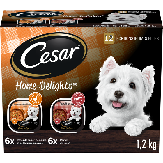 Cesar Nourriture humide pour chiens HOME DELIGHTS en emballage de 12 (ragoût de bœuf et repas de poulet, de nouilles et de légumes en sauce) 1.2 kg, 1,42 $/100g