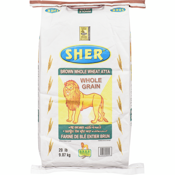 Sher Brown Whole Wheat Atta 9.07 kg, $0.26/100g