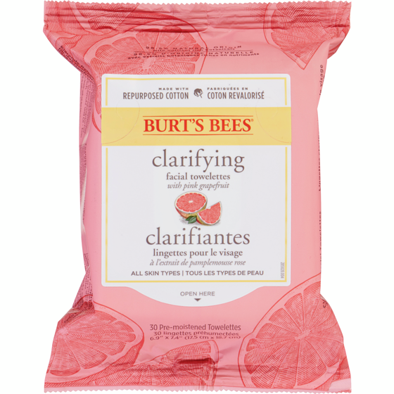 Burt’s Bees Lingettes nettoyantes pour le visage au pamplemousse rose 30 ea, 0,33 $/1ch
