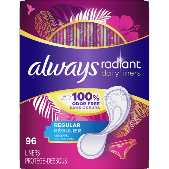 Always Protège-dessous quotidiens Radiant, longueur régulière, degré d’absorption léger, jusqu’à 100 % sans odeurs et sans parfum, avec bande adhésive sur toute la longueur Edge-2-Edge, 96 protège-dessous 96 ea, 0,14 $/1ch