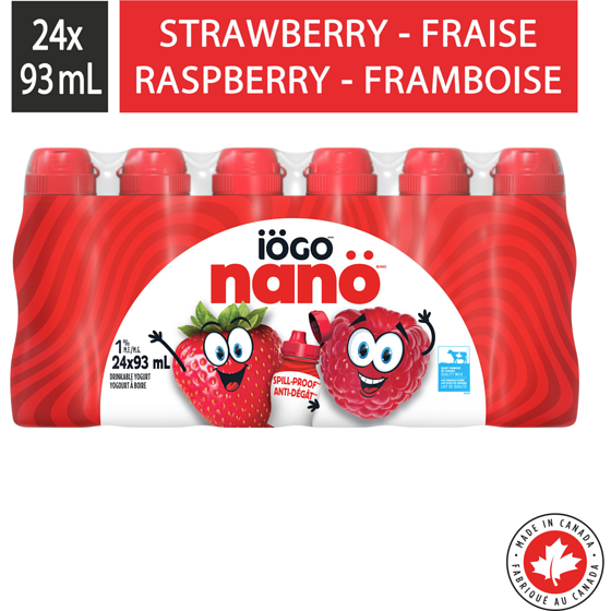 IÖGO Nanö yogourt à boire framboise et fraise 1 % 24x93.0 ml, 0,74 $/100ml