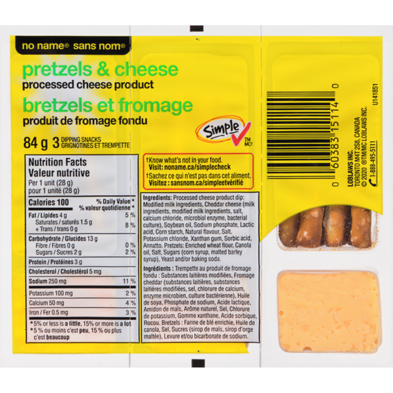No Name Pretzels and Cheese, Processed Cheese Product 3x28.0 g, $1.77/100g