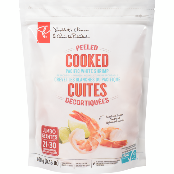 le Choix du Président Crevettes Blanches Géantes Du Pacifique D'Aquaculture Responsable Cuites Et Décortiquées 400 g, 4,25 $/100g