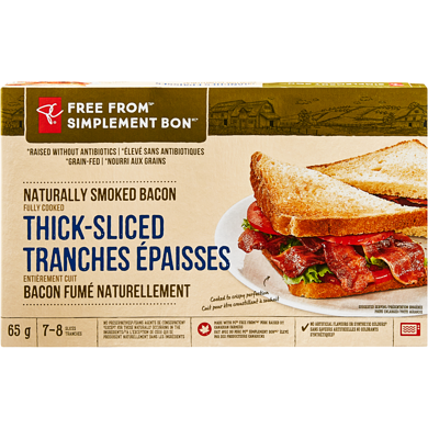 President's Choice Free From Naturally Smoked Fully Cooked Thick Sliced Bacon 65 g, $12.31/100g