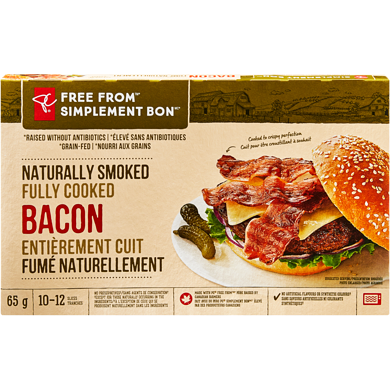 President's Choice Free From Naturally Smoked Fully Cooked Bacon 65 g, $12.31/100g