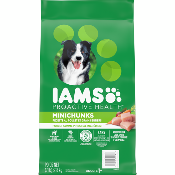 Iams Nourriture sèche pour chiens adultes Minichunks recette avec poulet et grains entiers 3.175 kg, 0,60 $/100g