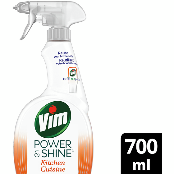 Vim Nettoyant en vaporisateur pour éliminer la graisse tenace et faire briller sans laisser de traces Power & Shine Pour la cuisine avec agent nettoyant d’origine naturelle à 100 % 700 ml, 0,57 $/100ml