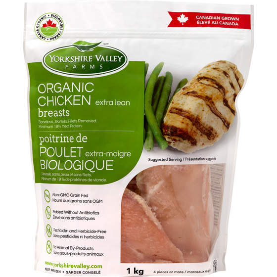 Yorkshire Valley Farms Poitrine de poulet biologique désossée et sans peau congelé 1 kg, 2,85 $/100g