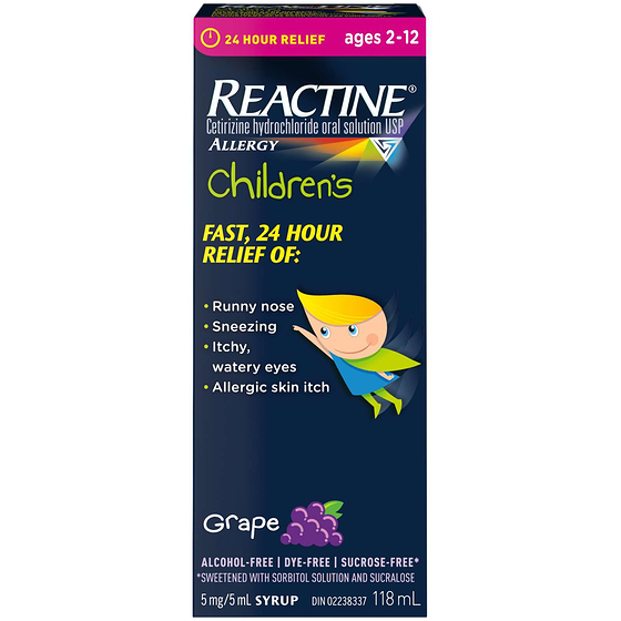 Reactine Children’s Liquid Allergy Medicine, Grape Flavour, 5mg 118 ml, $13.55/100ml