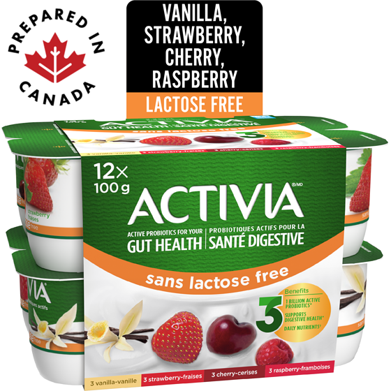 Activia Probiotic Yogurt, Lactose Free, Vanilla/Raspberry/Cherry/Strawberry 12x100.0 g, $0.75/100g