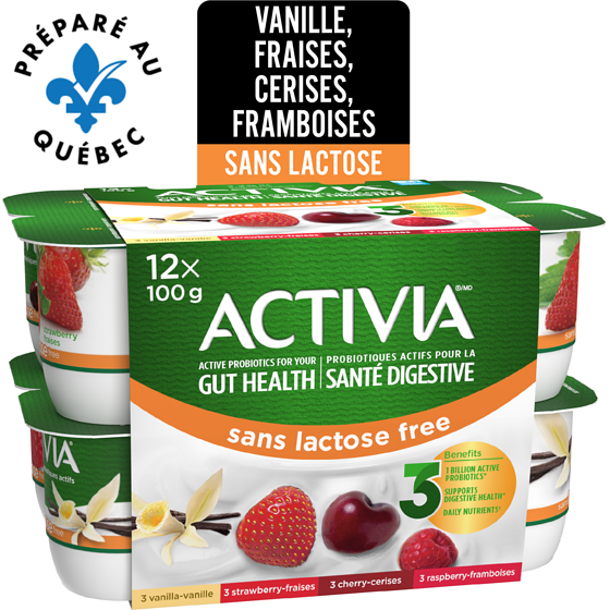 Activia Yogourt probiotique, sans lactose, saveur vanille / fraise / framboise / cerise 12x100.0 g, 0,54 $/100g