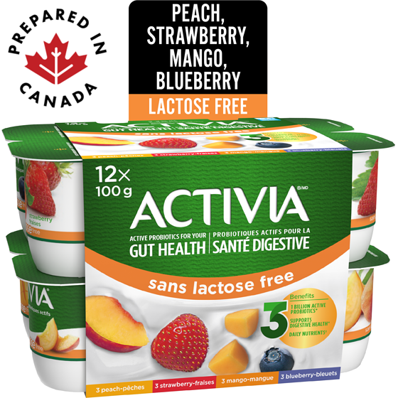 Activia Probiotic Yogurt, Lactose Free, Strawberry/Blueberry/Peach/Mango 12x100.0 g, $0.75/100g