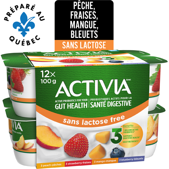 Activia Yogourt probiotique, sans lactose, saveur fraise / bleuets / pêche / mangue 12x100.0 g, 0,54 $/100g