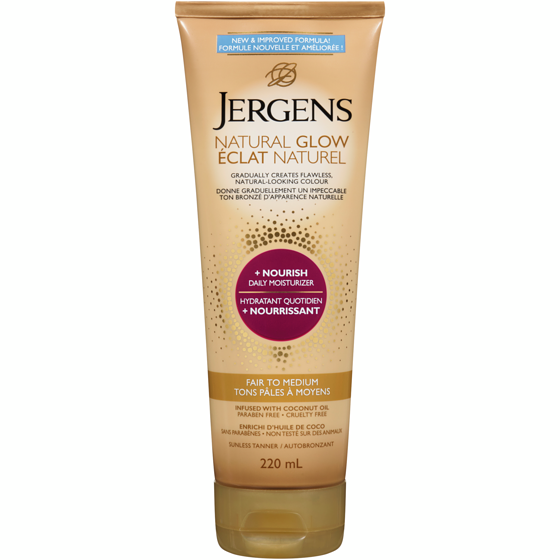 Jergens Glow +Nourish Daily Moisturizer | Gradual Sunless Self-Tanning Body Lotion for Dry Skin, Fair to Medium Shade 220 ml, $7.27/100ml