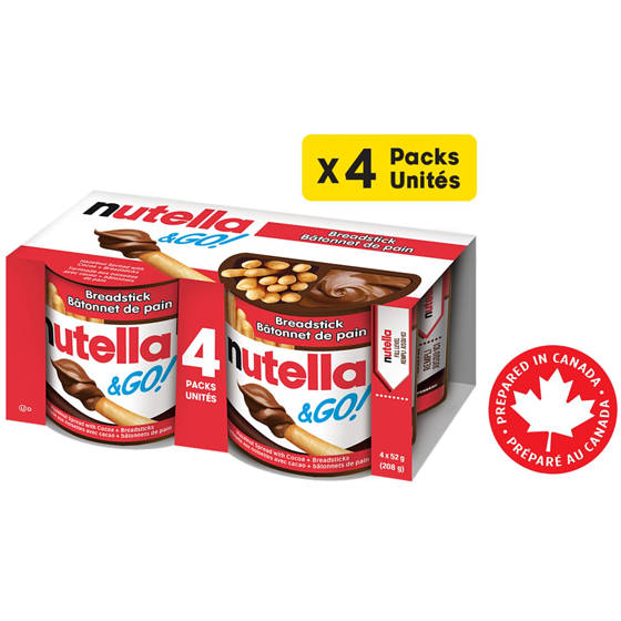 Nutella & GO! Pâte à tartiner aux noisettes et au cacao avec bâtonnets de pain, paquets de collations, paquet de 4 208 g, 3,84 $/100g