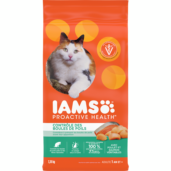 Iams Nourriture sèche pour chats adultes PROACTIVE HEALTH Hairball Care avec poulet et saumon, sac de 3,18 kg 3.18 kg, 0,75 $/100g