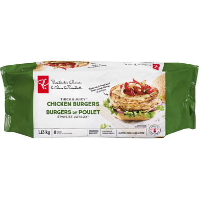 President's Choice Thick & Juicy™ Chicken Burgers  1.13 kg, $1.77/100g