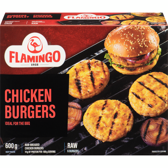 Flamingo Chicken Burgers, Uncooked & Unbreaded 600 g, $2.33/100g