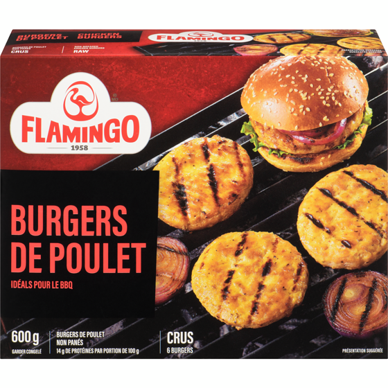 Flamingo Burgers de poulet, non cuits et non panés 600 g, 2,33 $/100g