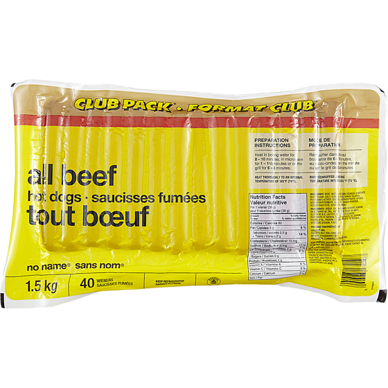 Sans Nom Saucisses tout bœuf, format Club 1.5 kg, 1,53 $/100g