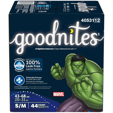 GoodNites Sous-vêtements de nuit pour garçons, P/M, 44 sous-vêtements 44 ea, 0,75 $/1ch