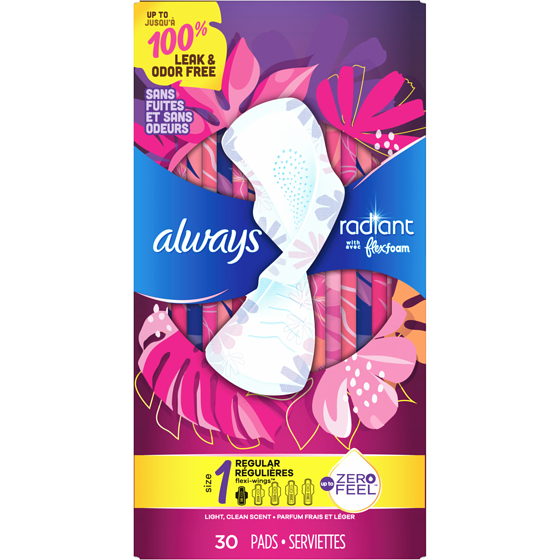 Always Serviettes Radiant, régulières, avec ailes, pour femmes, taille 1, parfum net et léger, 30 serviettes 30 ea, 0,37 $/1ch