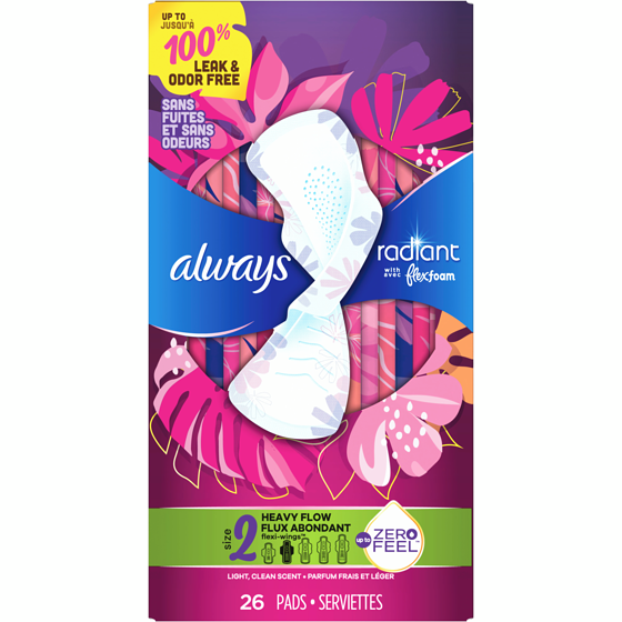 Always Serviettes Radiant avec FlexFoam, abondant, avec ailes, taille 2, 26 serviettes 26 ea, 0,50 $/1ch