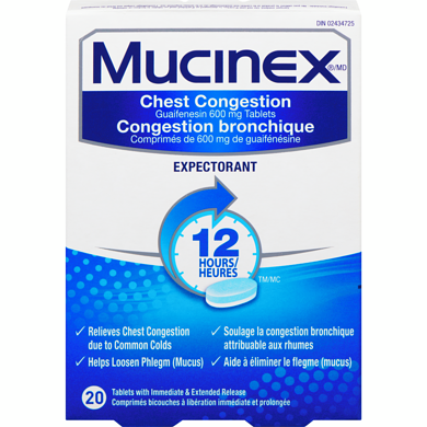 Mucinex Chest Congestion, 12 Hour Extended-Release Bi-Layer Tablets, Expectorant 600mg 20 ea, $0.92/1ea