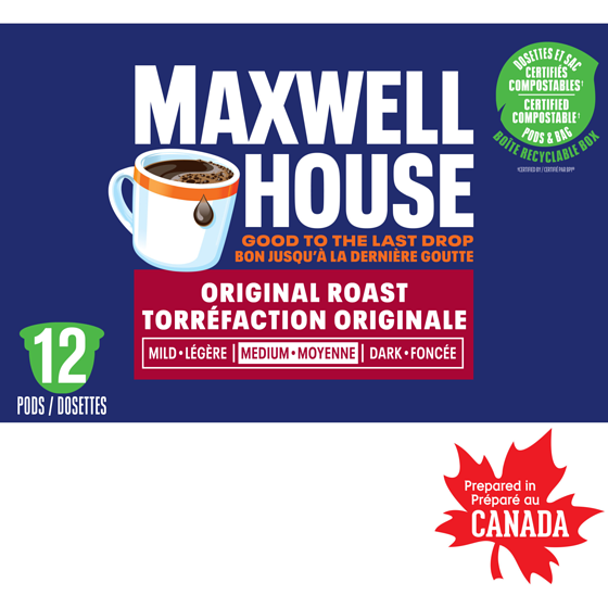 Maxwell House Café torréfaction originale certifié compostable en capsules k-cup, 12 capsules 114 g, 6,99 $/100g