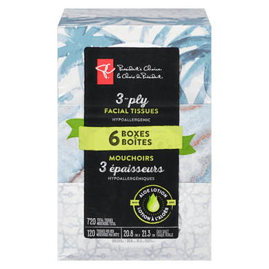 President's Choice 3-Ply Hypoallergenic Facial Tissues, 6 Boxes, 120 Sheets Each 6x1.0 ea, $0.03/1ea