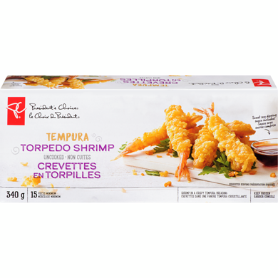 President's Choice Tempura Torpedo Shrimp 340 g, $3.24/100g