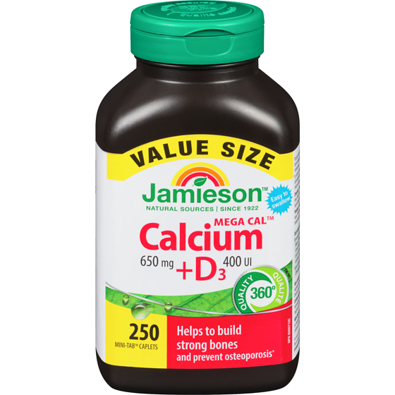 Jamieson Mega Cal Calcium + Vitamin D3 400 IU Caplets, 650 mg Value Size 250 ea, $0.10/1ea