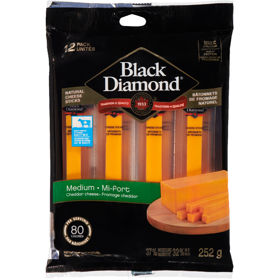 Black Diamond Medium Cheddar Cheese Sticks 252 g, $3.37/100g