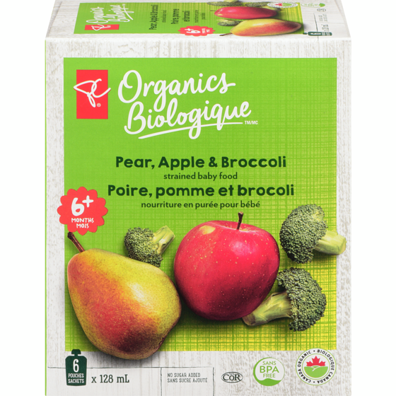 PC Biologique Nourriture en purée pour bébé poire, pomme et brocoli 6x128.0 ml, 0,91 $/100ml
