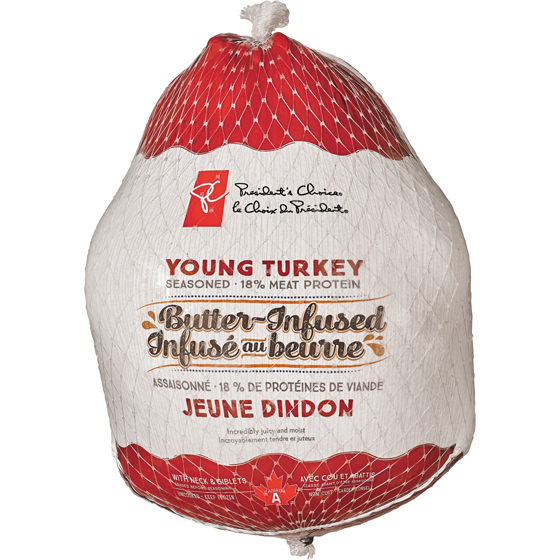 President's Choice Butter Infused Frozen Turkey 9-11 kg $7.03/1kg $3.19/1lb