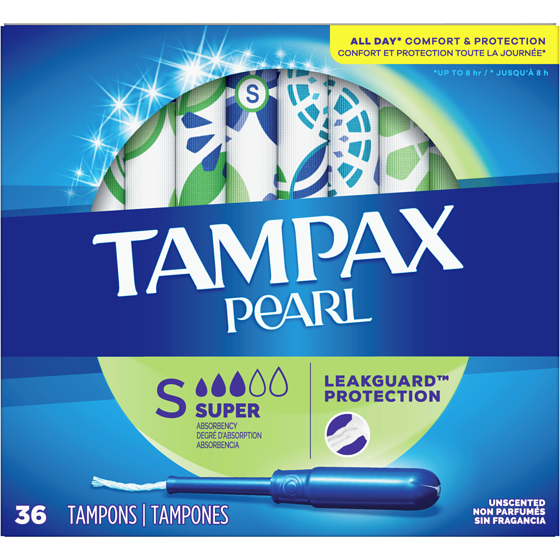 Tampax Tampons Pearl avec tresse anti-fuites LeakGuard, degré d’absorption super, non parfumés, 36 tampons. 36 ea, 0,35 $/1ch