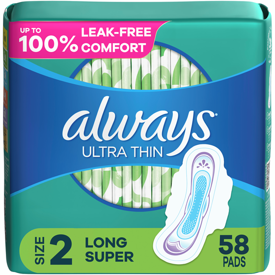 Always Serviettes féminines Ultra Thin, longues, degré d’absorption super, avec ailes, pour femmes, taille 2, non parfumées, 58 serviettes 58 ea, 0,31 $/1ch