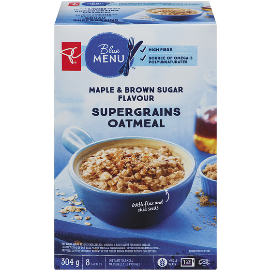 PC Blue Menu Blue Menu Maple and Brown Sugar Flavour Supergrains Oatmeal 8x38.0 g, $1.32/100g